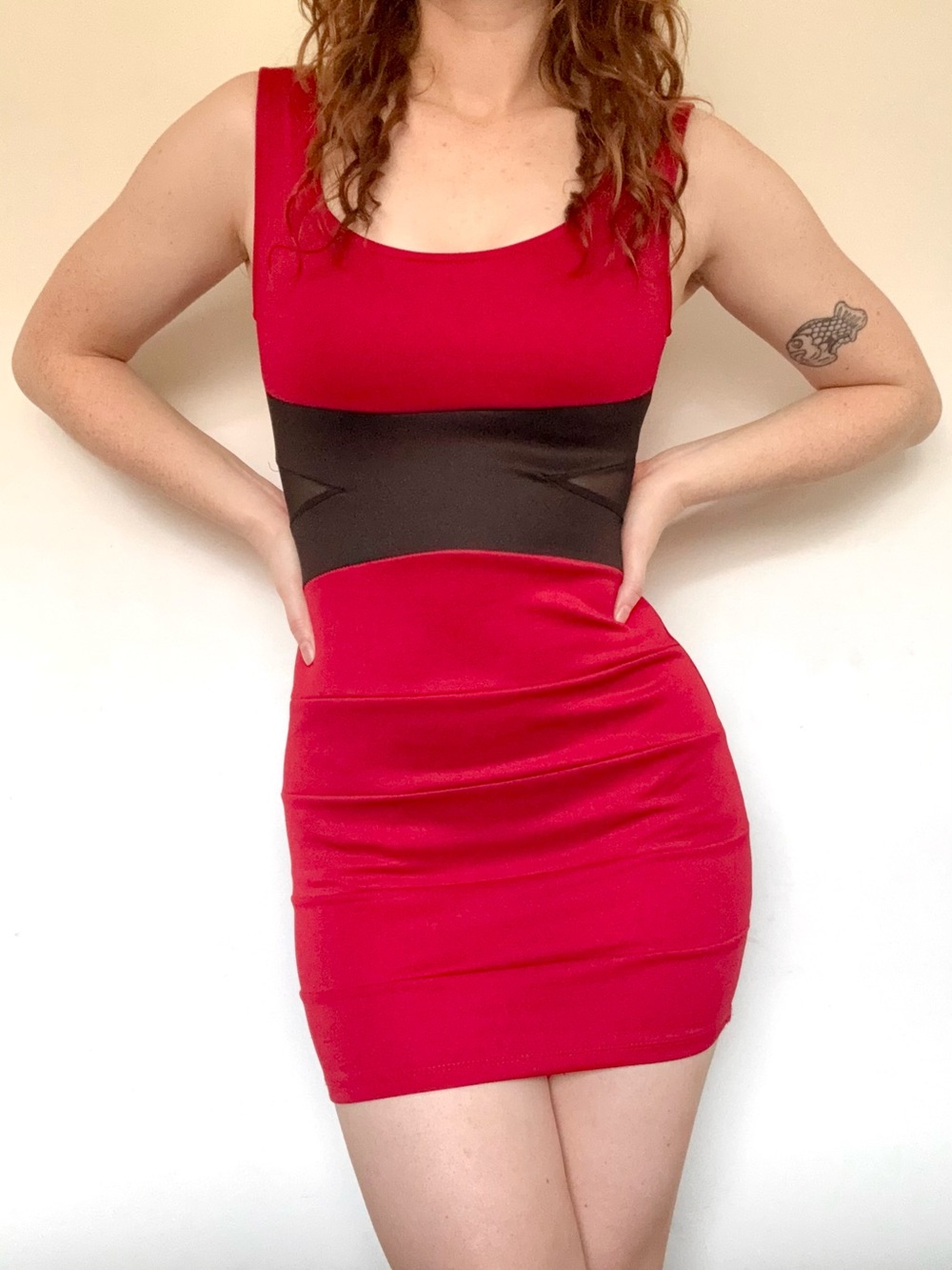 Red Indie Sleaze Bodycon Dress with Black Mesh Waistband